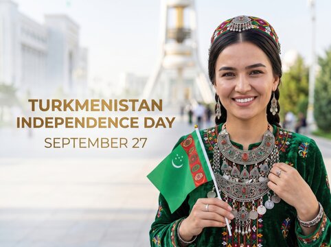 Young woman in traditional turkmen clothing holding a small turkmenistan flag with ornate silver jewelry and embroidered green velvet dress standing in front of a blurred city monument