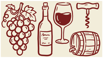 Obraz premium Hand drawn large cluster of grapes wine bottle glass and barrel vector design with corkscrew illustration beverage vineyard grapevine restaurant traditional agriculture drinkware