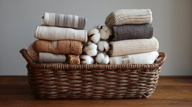 Beautiful wicker basket filled with folded organic baby blankets and nursing essentials, warm earthy tones.