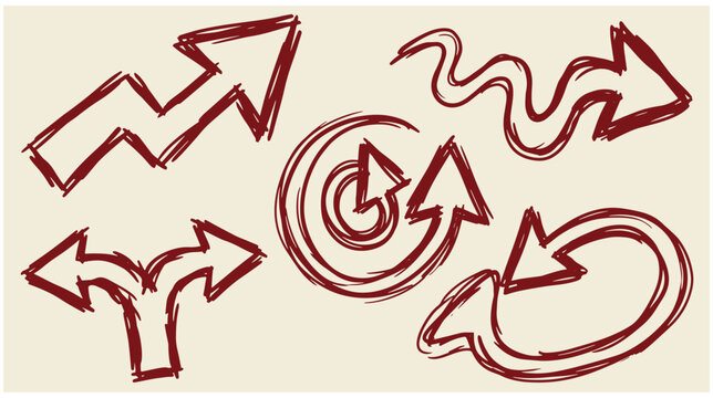 Red hand drawn wave arrows and split fork symbols collection with split arrow loop arrow pointers direction illustration collection movement navigation business strategy planning
