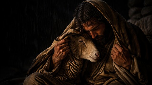 Man in robe embracing lost sheep in dark stable. Jesus as good shepherd rescuing stray lamb with love and mercy. Biblical parable of salvation, faith and divine care. Religious concept for church
