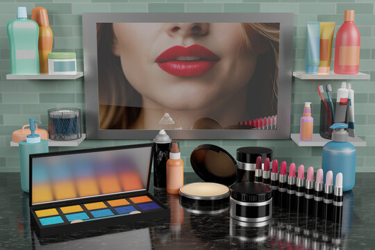 Set da bagno, cosmesi e cosmetici in elegante bagno con specchio e viso di donna riflesso in primo piano.