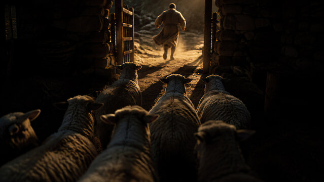 Shepherd leading flock of sheep through gate of stone sheepfold at sunrise. Biblical parable of good shepherd who calls his sheep by name and they follow his