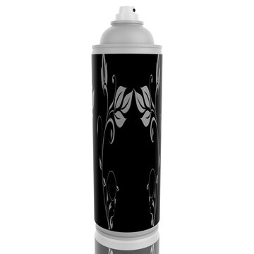 Flacone spray in alluminio con decorazioni in nero e bianco per prodotti sanitari su sfondo bianco