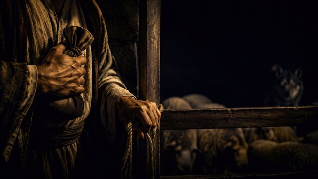 Man in biblical robe holding money bag at wooden gate of sheepfold at night. Hired hand abandons flock while wolf threatens sheep in darkness. Good shepherd parable from Gospel of