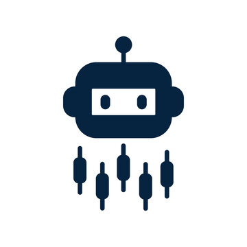 AI trading bot and crypto automated trading vector icon featuring robot head with financial candlestick chart symbols.