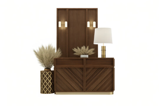 Dark wood console table with decorative paneling wall lights and dried floral arrangements isolated on white background