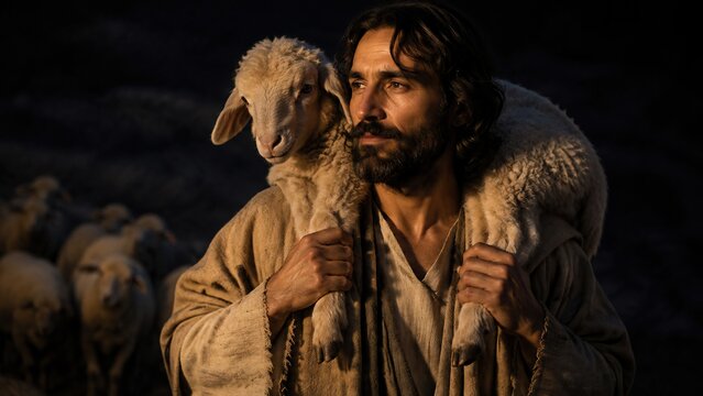 Man shepherd carrying lost sheep on shoulders at night. Biblical scene of Jesus good shepherd saving lost lamb. Christian faith, care and salvation. Easter and religion concept