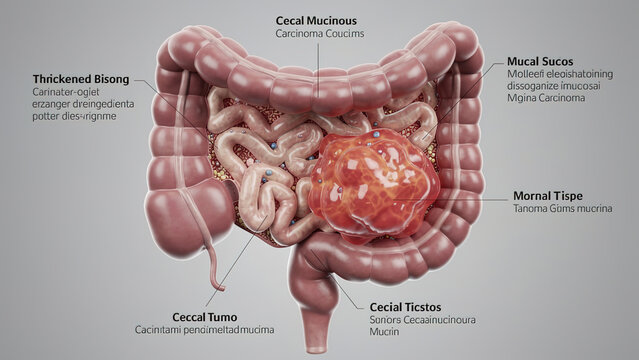 Cecal Mucinous Carcinoma 3D Anatomical Render, Malignant Tumor of Cecum and Colon