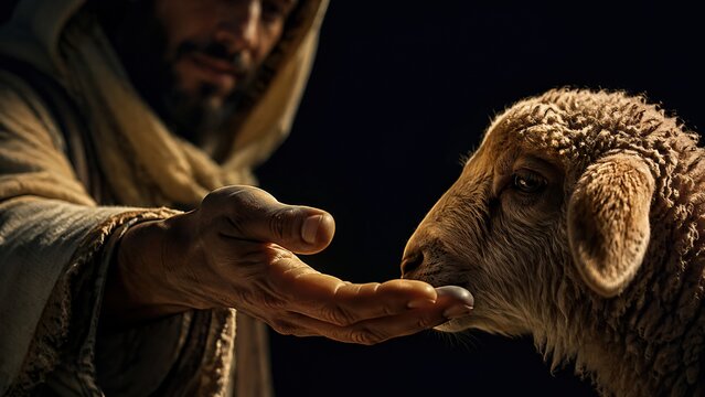 Shepherd reaching out his hand to feed a sheep. Jesus as good shepherd caring for his flock. Biblical parable of faith, trust and divine guidance. Christian concept for religion and Easter