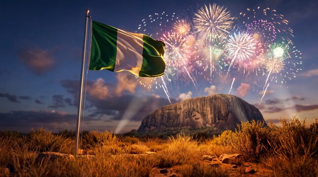Waving Nigerian flag in foreground with Zuma Rock landmark and colorful celebratory fireworks at night