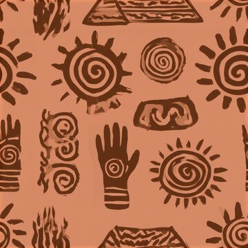 Primitive Boho Pattern Concept. Pattern of tribal and primitive hand and sun symbols in earthy brown tones