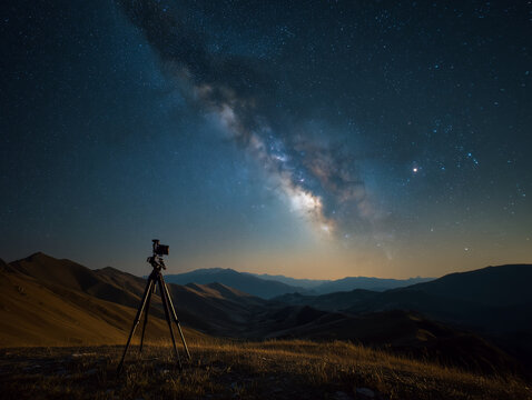 Camera on tripod photographing Milky Way above mountain landscape, crystal clear night sky, astrophotography concept, ultra realistic, no people