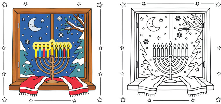 Hanukkah Menorah in Winter Window Vector Set with Color and Line Art Coloring Page. Jewish Festival of Lights Menorah with Lit Candles, Night Snow Landscape, and Scarf on Windowsill.