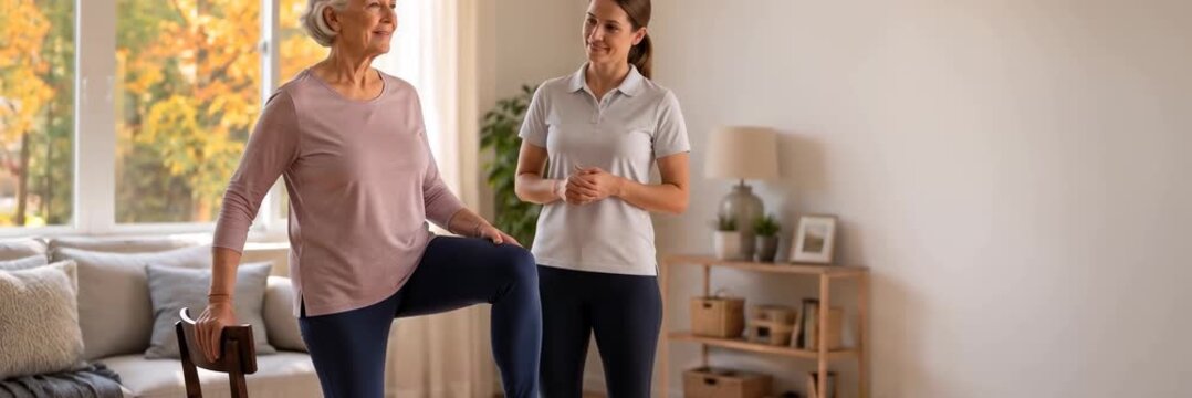 Senior woman exercises with caregiver at home, mobility rehabilitation and healthy aging with copy space