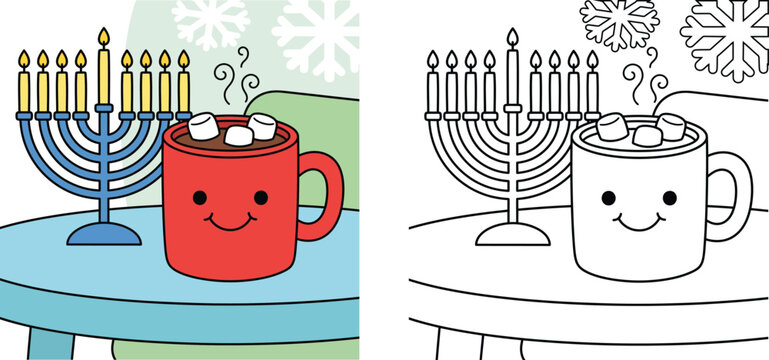 Hanukkah menorah and cute hot chocolate mug vector illustration with coloring page line art for kids winter activity