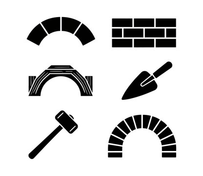 A collection of construction industry icons featuring masonry tools and architectural bridge structures in a flat black vector graphic style