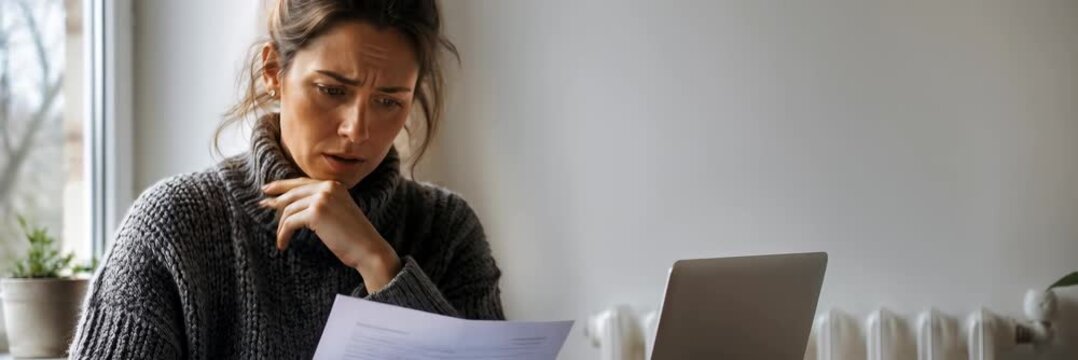 Woman worries over high heating bill beside laptop and radiator, rising energy costs with copy space