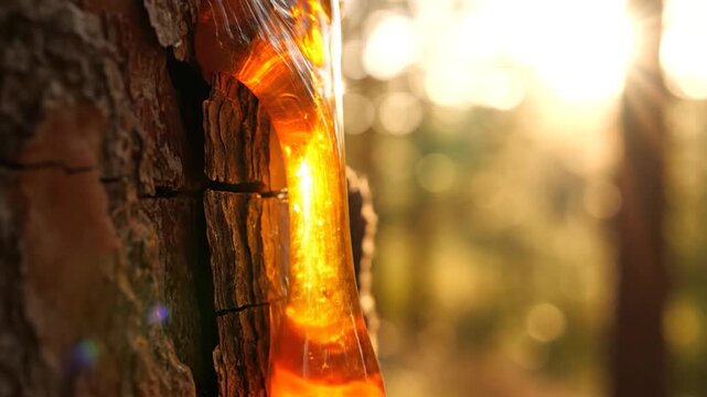 Golden honey dripping down a textured tree trunk.