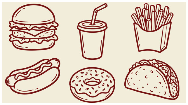 Set of hand drawn fast food illustrations featuring burger fries soft drink hot dog donut taco junk food french fries illustration delicious restaurant hamburger beverage unhealthy