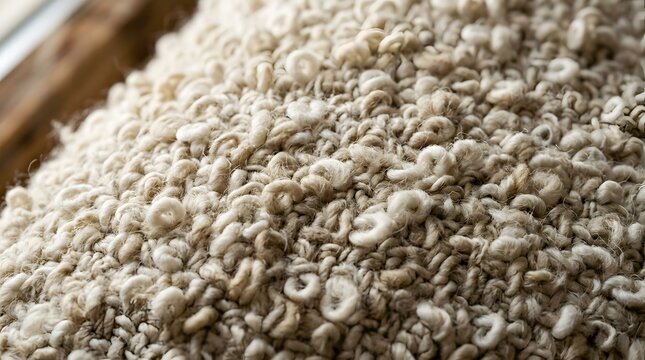 Macro of soft beige boucle textile fabric texture with visible curly yarn loops