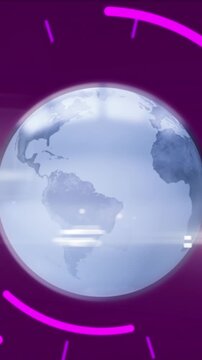 Animation of globe over data processing and scope scanning on black background