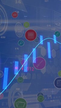 Animation of data processing over network of connections with icons on blue background