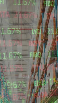 Animation of stock market and financial data processing over empty warehouse