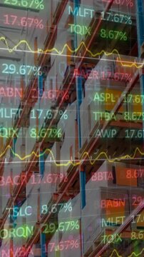 Animation of stock market and financial data processing over empty warehouse
