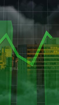 Animation of green line, statistics, financial data processing over cityscape