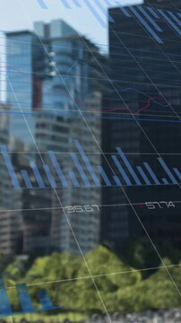 Animation of financial data processing over cityscape