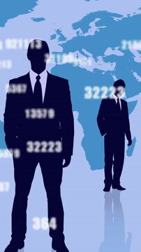 Animation of numbers and businesspeople silhouettes over world map on blue background