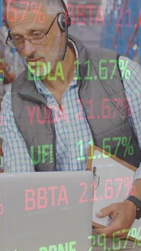 Animation of stock market over people working in warehouse
