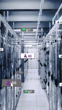 Animation of social media icons floating against network of connections over computer server room