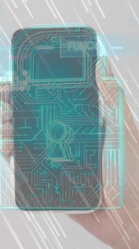 Animation of security padlock icon and light trails over close up of a hand holding a smartphone