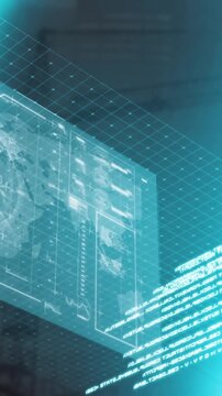 Animation of interface with data processing and blue light spot against construction site