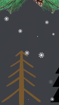 Animation of fir tree with decorations over christmas trees and snow falling on black background