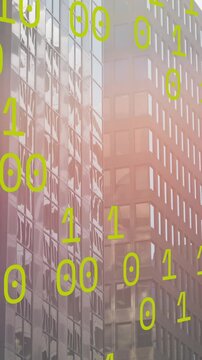 Animation of binary coding data processing against tall buildings