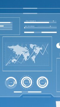 Animation of interface with data processing over tall buildings against blue sky
