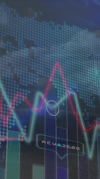 Animation of statistical and stock market data processing against light spot over world map