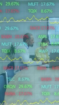 Animation of stock market data processing against diverse businesspeople discussing at office