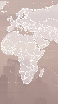 Animation of world map and financial data processing over cityscape