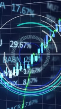 Charts, graphs and financial data processing on black background