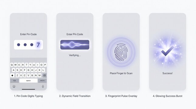 Modern Smartphone User Interface Displaying Secure Digital Authentication Process with PIN Entry and Biometric Fingerprint Verification Steps