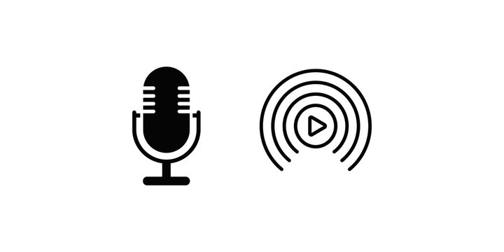 Podcast and microphone icon set for radio broadcast and audio streaming.