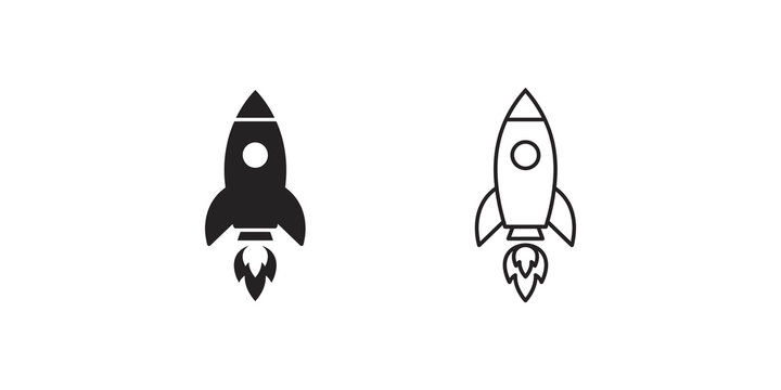 Rocket ship launch set solid black line art icon space travel concepts.