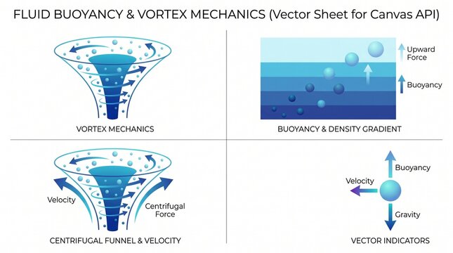 Scientific Illustrations of Fluid Dynamics Including Vortex Mechanics and Buoyancy Principles