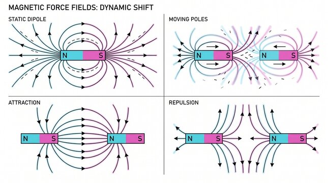 Scientific diagram of physics properties showing polar interactions and flux lines with dynamic shifts between metal bar elements