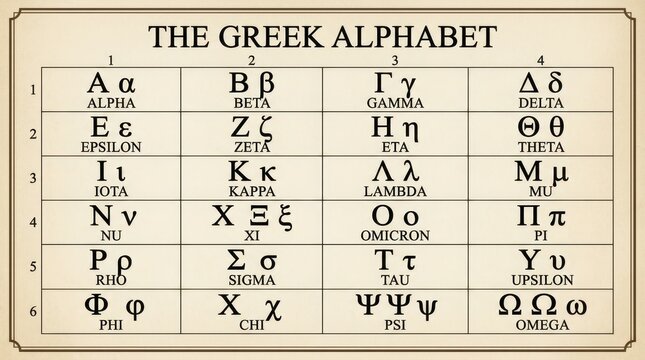 Complete Greek Alphabet Chart with Uppercase and Lowercase Letters on Vintage Background for Educational Use