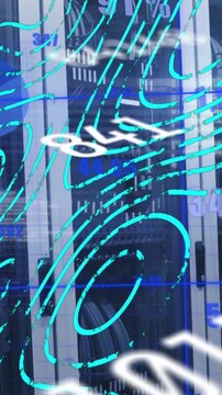 Animation of changing numbers over abstract pattern, graphs against server room in background